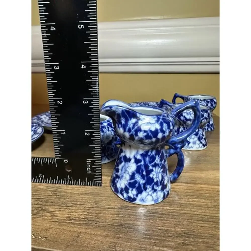 Victoria Ware Stoneware Small‎ Tea Cups Saucers Sugar Creamer Cobalt Flue Floral